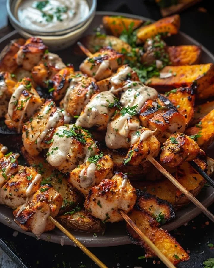 Tzatziki chicken skewers served with crispy herb feta fries on a platter.