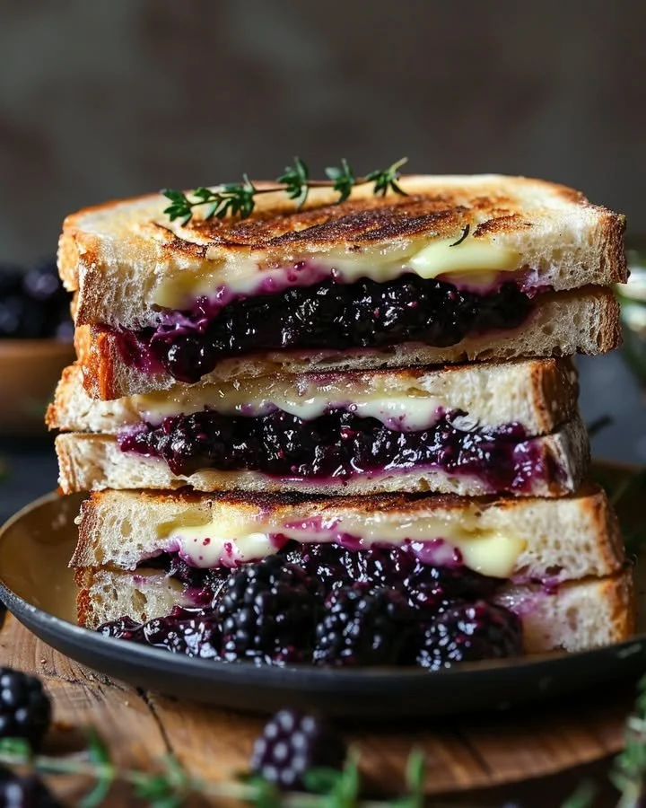 Ultimate Blackberry Balsamic Grilled Cheese sandwich with melted cheese and blackberries