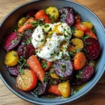 Vibrant roasted beets and carrots salad topped with creamy burrata on a plate.