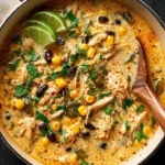 Bowl of creamy Chicken Poblano Soup with vibrant poblano peppers.