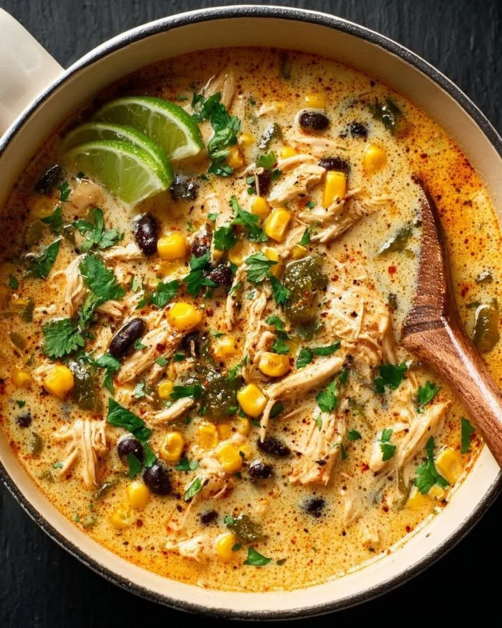 Bowl of creamy Chicken Poblano Soup with vibrant poblano peppers.