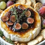 Warm baked brie topped with fig jam and rosemary, served as a tasty appetizer.