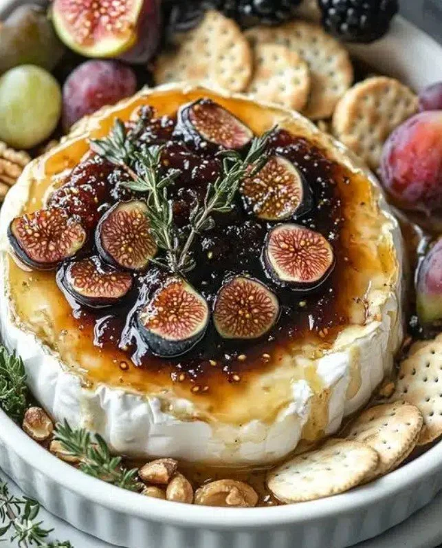 Warm baked brie topped with fig jam and rosemary, served as a tasty appetizer.