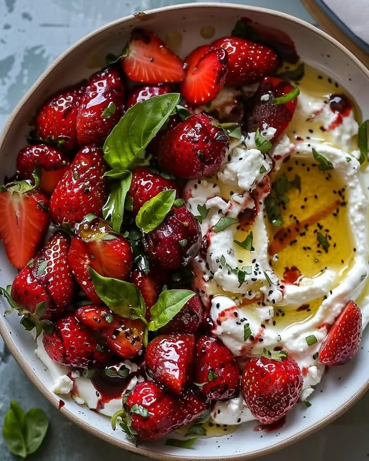 Whipped feta served with roasted strawberries in a bowl.