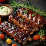 Delicious whiskey grilled baby back ribs on a platter