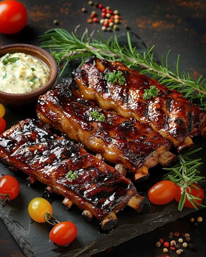 Delicious whiskey grilled baby back ribs on a platter