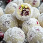 Homemade white chocolate cranberry pistachio truffles on a plate