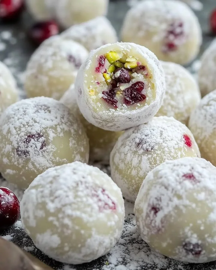 Homemade white chocolate cranberry pistachio truffles on a plate
