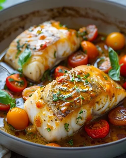 Zesty Cod fillet topped with fresh Tomato Basil Sauce on a plate