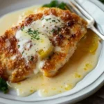 Crispy lemon pecorino chicken garnished with fresh herbs and lemon slices