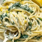 Zesty lemon ricotta pasta with spinach garnished with herbs