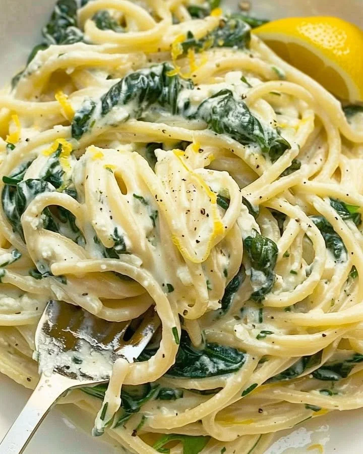 Zesty lemon ricotta pasta with spinach garnished with herbs