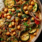 Delicious bowl of Zucchini and Chickpea Coconut Curry with vibrant spices.
