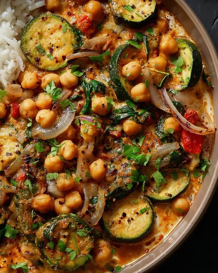 Delicious bowl of Zucchini and Chickpea Coconut Curry with vibrant spices.