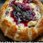 Baked Brie in a bread bowl with cranberry sauce and fresh thyme garnish
