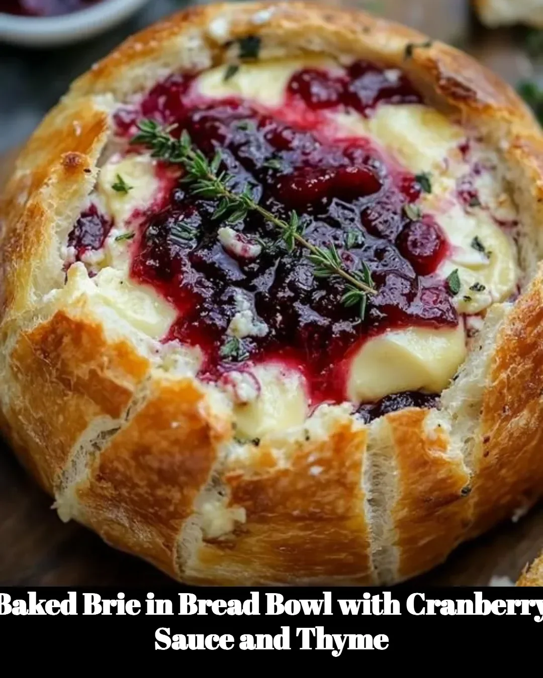 Baked Brie in a bread bowl with cranberry sauce and fresh thyme garnish