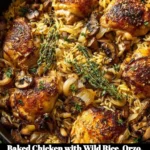 Baked Chicken served with wild rice, orzo, mushrooms, and caramelized onions