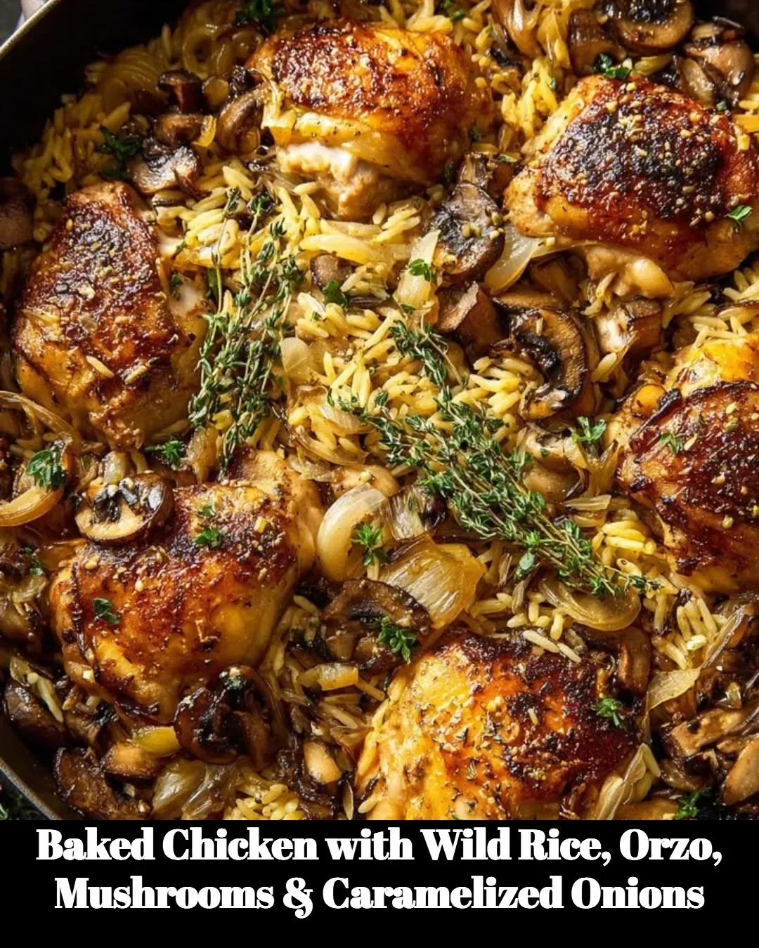 Baked Chicken served with wild rice, orzo, mushrooms, and caramelized onions