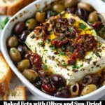 Baked feta with olives and sun-dried tomatoes served on a plate