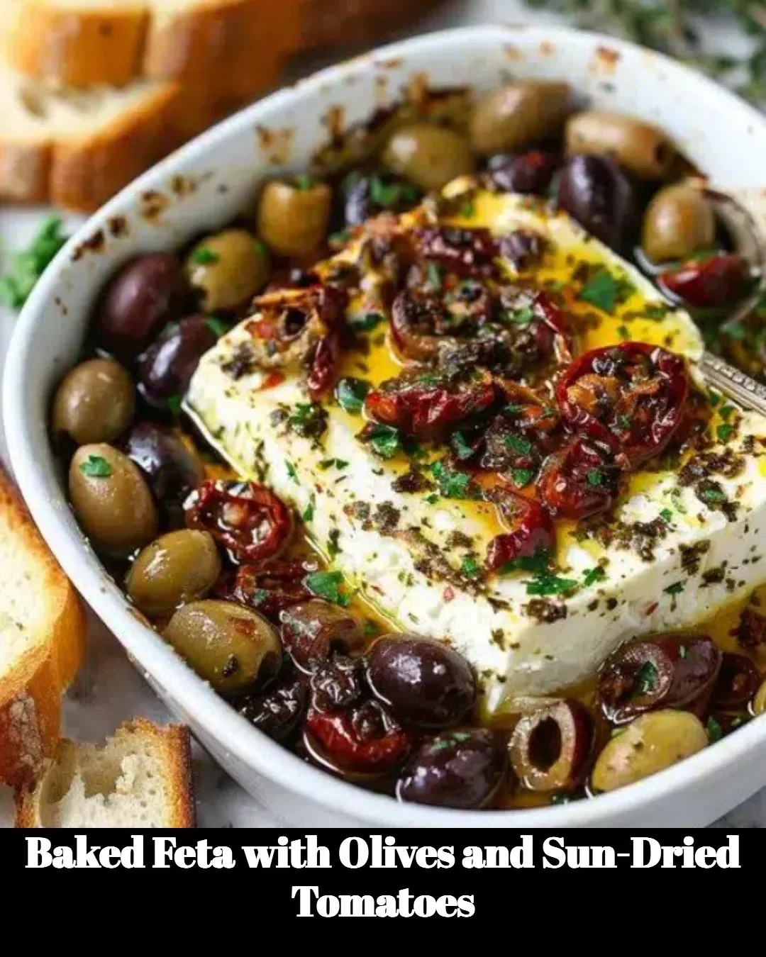Baked feta with olives and sun-dried tomatoes served on a plate