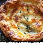 Baked puff pastry filled with melted cheese and rosemary on a plate.