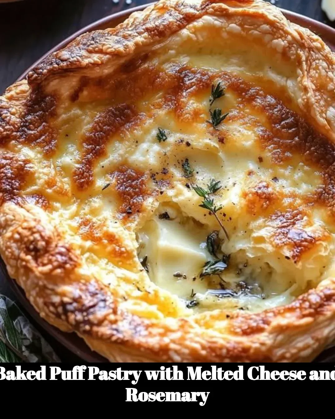 Baked puff pastry filled with melted cheese and rosemary on a plate.