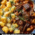 Delicious beef ragu with Parmesan gnocchi and sautéed mushrooms on a plate