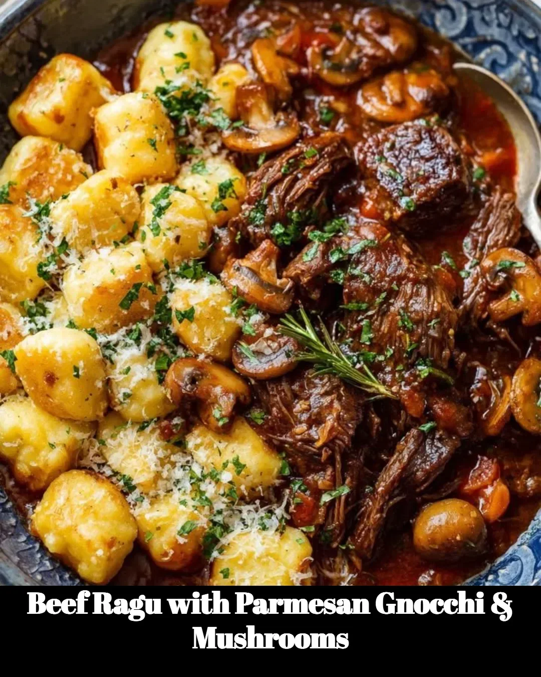 Delicious beef ragu with Parmesan gnocchi and sautéed mushrooms on a plate
