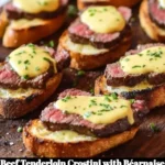Beef Tenderloin Crostini topped with Béarnaise Sauce on a rustic wooden platter.