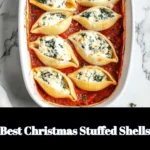Delicious Christmas stuffed shells topped with festive herbs and cheese