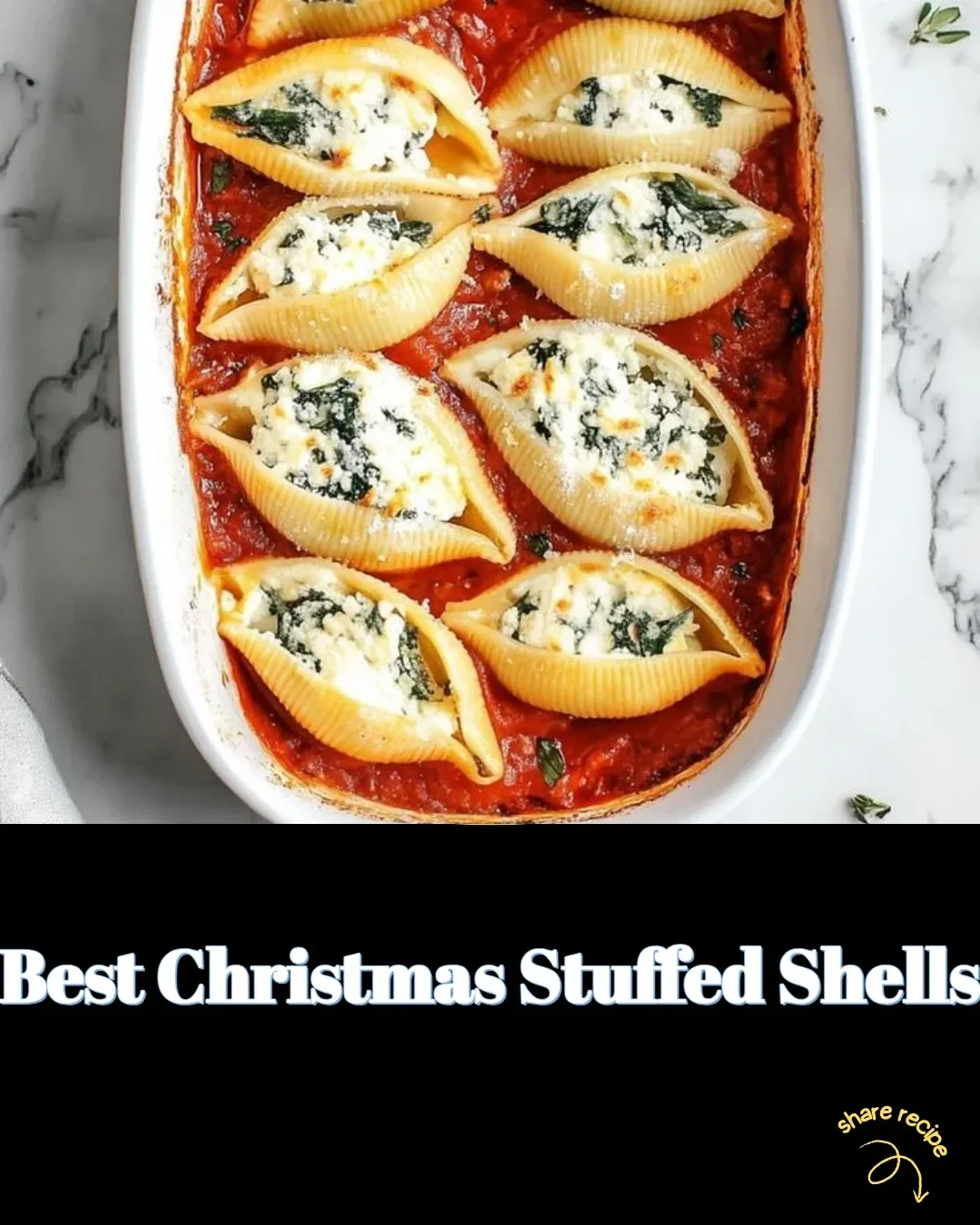 Delicious Christmas stuffed shells topped with festive herbs and cheese