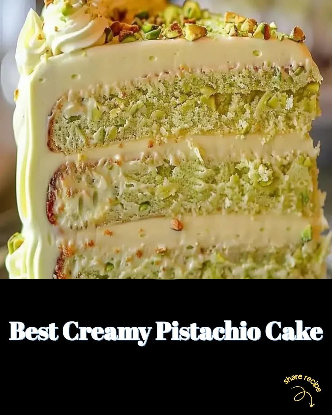 Delicious slice of creamy pistachio cake with nuts on top