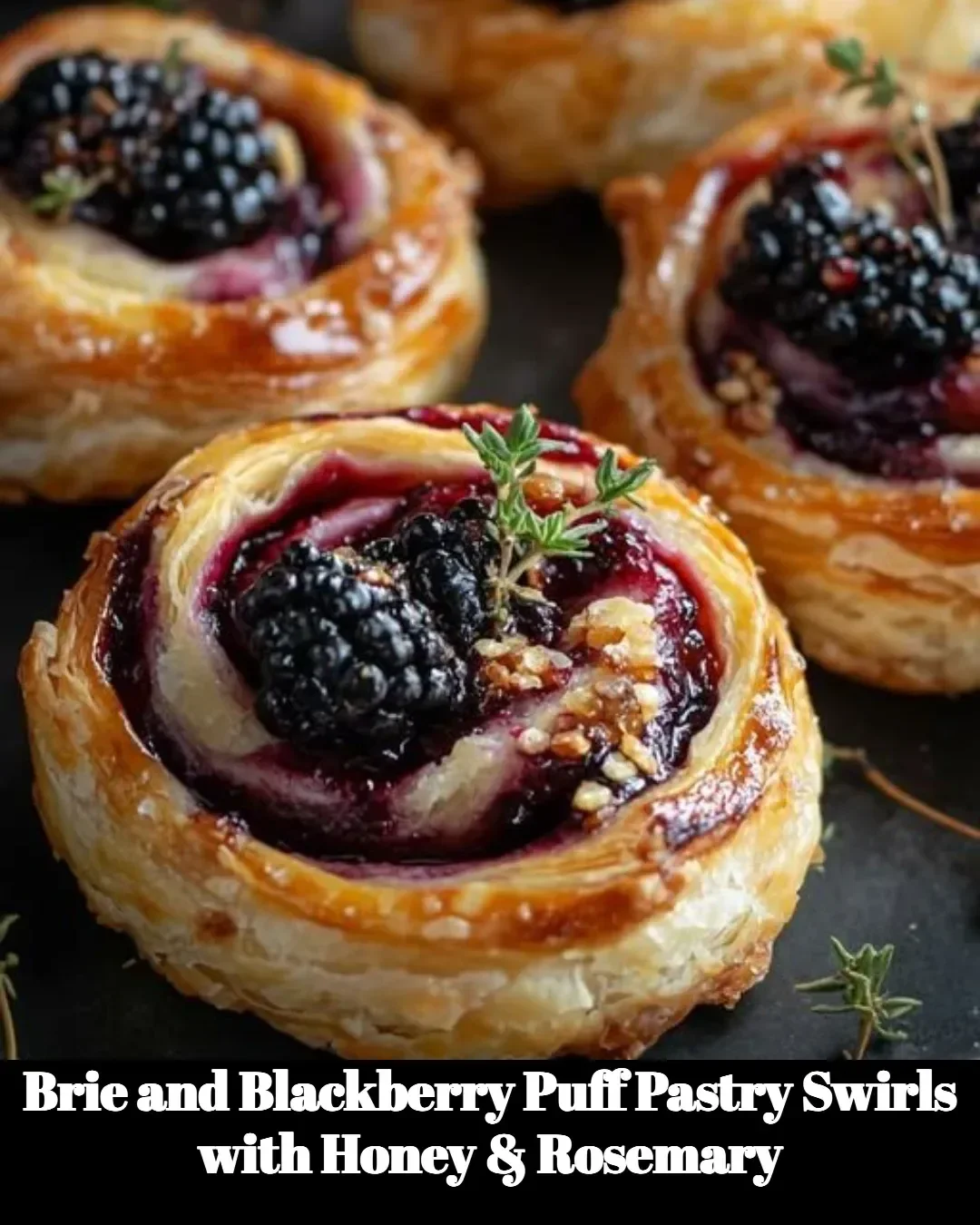 Brie and Blackberry Puff Pastry Swirls garnished with honey and rosemary