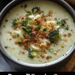 Delicious Broccoli Gruyère Soup served in a bowl with fresh herbs