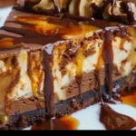 Delicious caramel brownie cheesecake topped with chocolate shavings