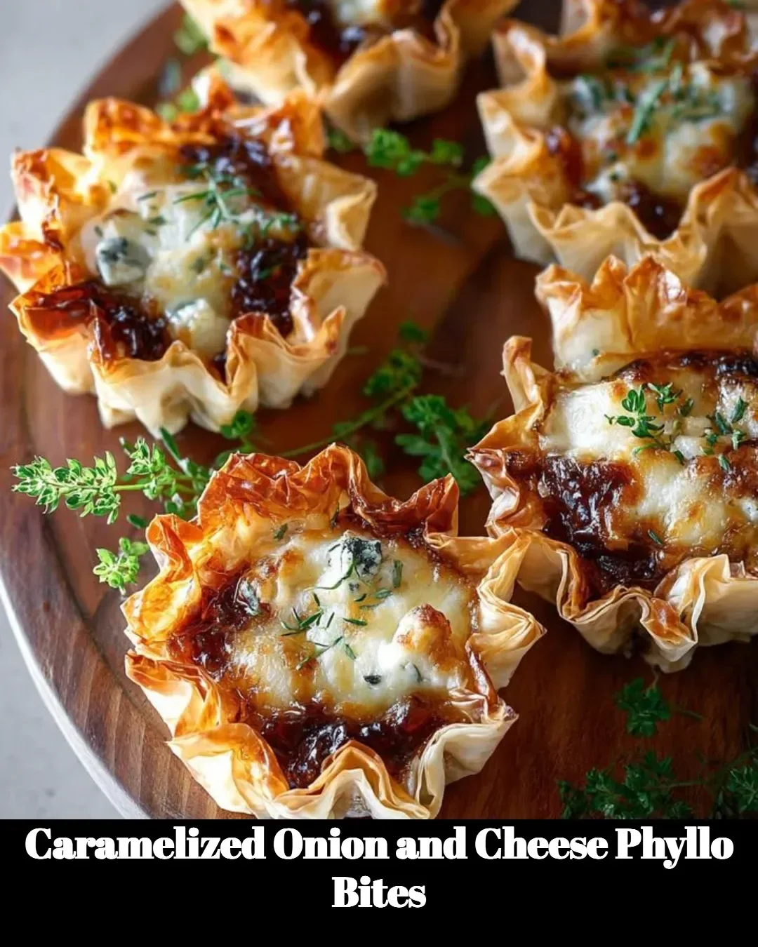 Delicious caramelized onion and cheese phyllo bites served as appetizers