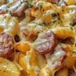 Cheesy ranch potatoes with smoked sausage on a plate