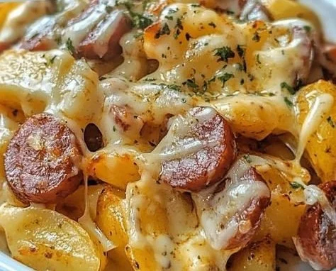 Cheesy ranch potatoes with smoked sausage on a plate