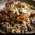 Plate of Chicken and Mushrooms served with Wild Rice on a wooden table