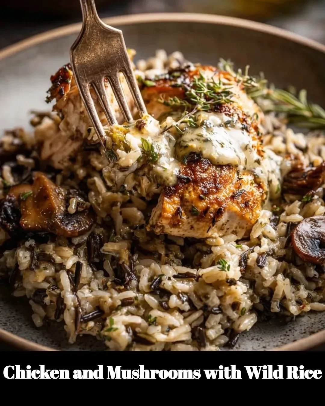 Plate of Chicken and Mushrooms served with Wild Rice on a wooden table