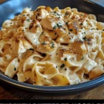 Delicious chicken buttered noodles served on a plate.