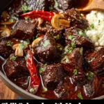 Chili Colorado dish with mushrooms garnished and served in a bowl.