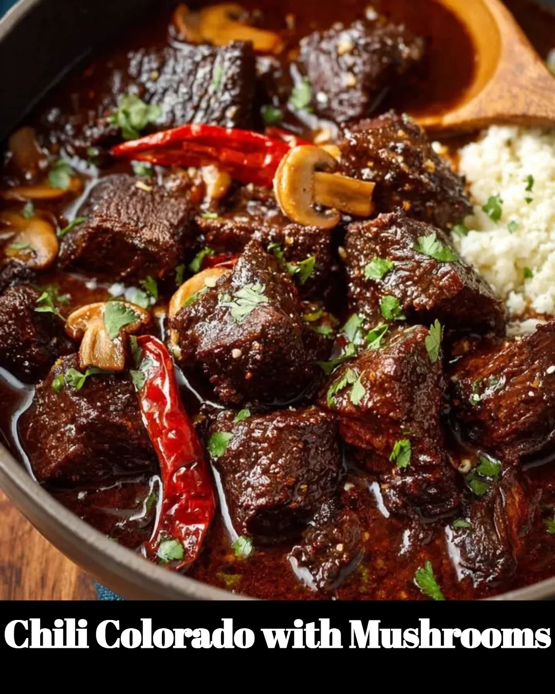 Chili Colorado dish with mushrooms garnished and served in a bowl.