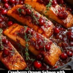 Plate of Cranberry Orange Salmon topped with caramelized onions and almonds