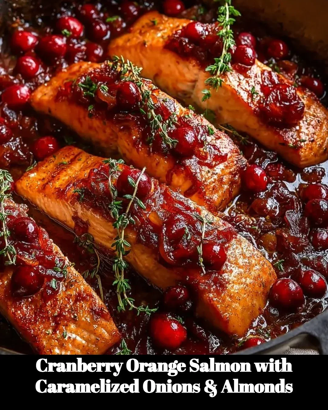 Plate of Cranberry Orange Salmon topped with caramelized onions and almonds