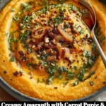 Creamy amaranth served with carrot purée and caramelized onions.