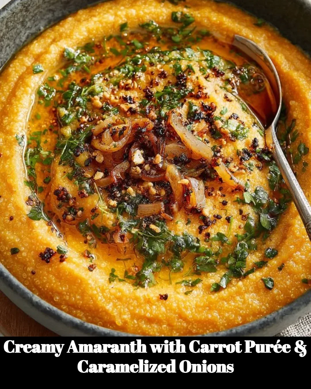 Creamy amaranth served with carrot purée and caramelized onions.