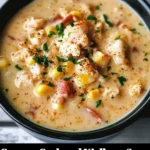 Creamy crab and kielbasa soup in a bowl garnished with herbs