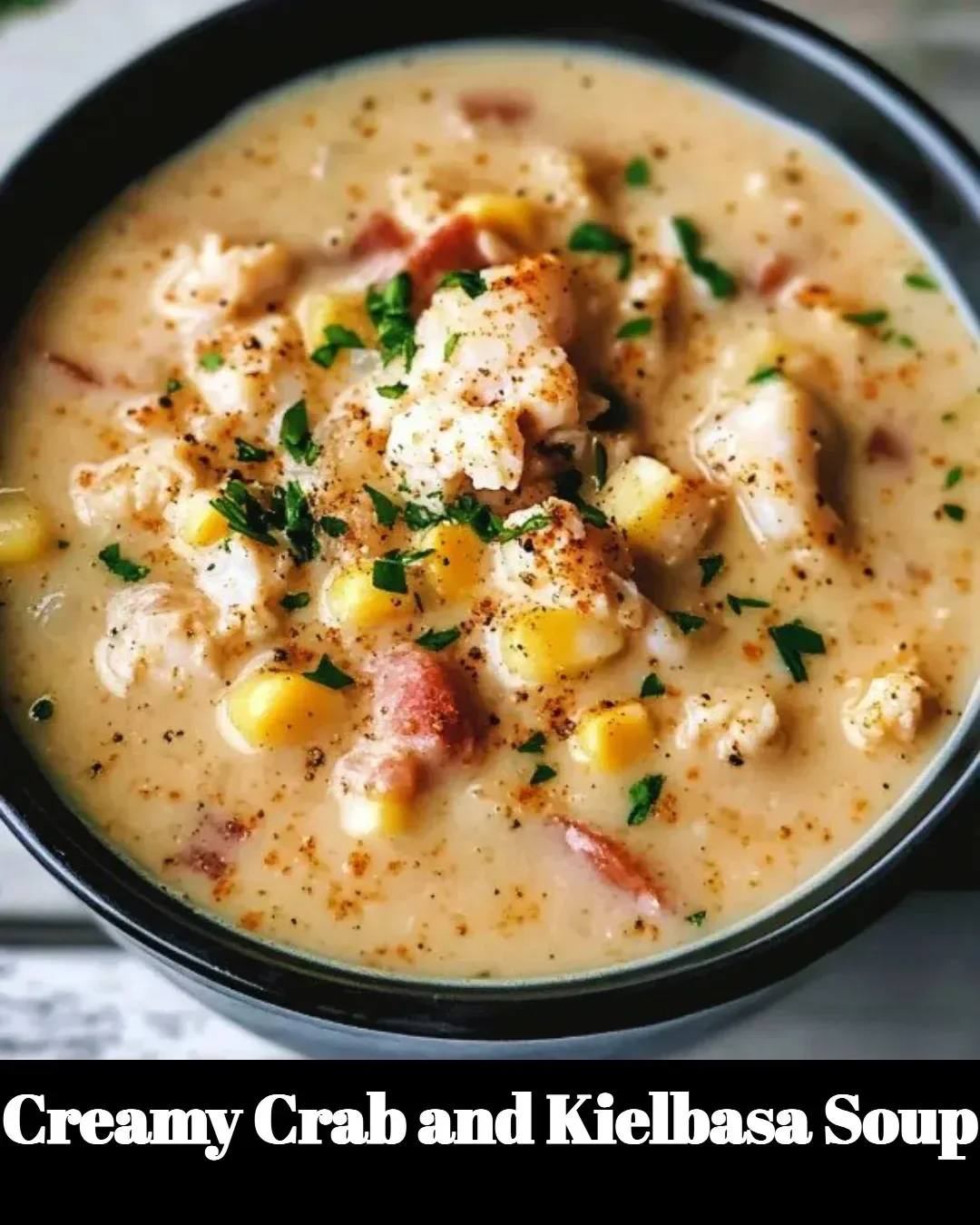 Creamy crab and kielbasa soup in a bowl garnished with herbs