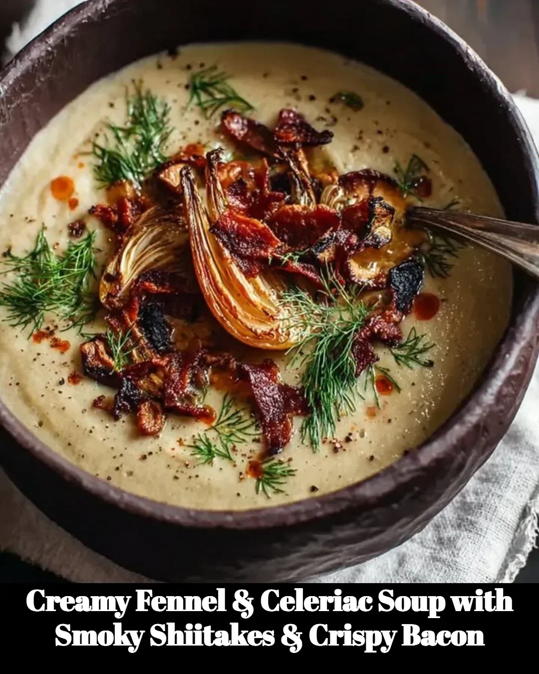 Bowl of creamy fennel celeriac soup topped with smoky shiitakes and crispy bacon